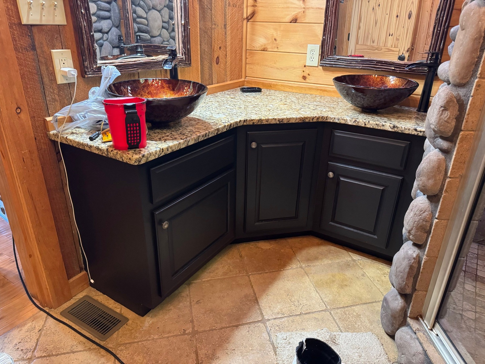 Cabin bathroom vanity refinished in an espresso cabinet paint finish