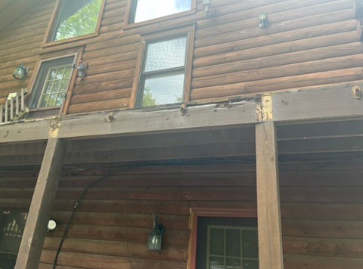 Rotted rim joist opened up and replaced on an elevated cabin deck in Cherry Log, GA